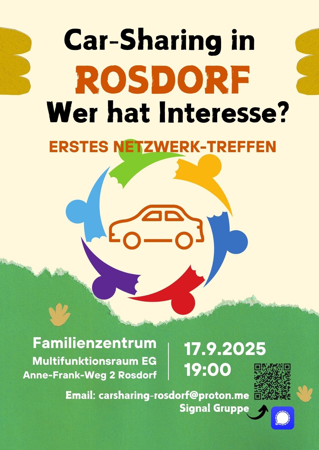 Plakat Carsharing: Vernetzungstreffen am 17.09.25 um 19:00 Uhr im Familienzentrum